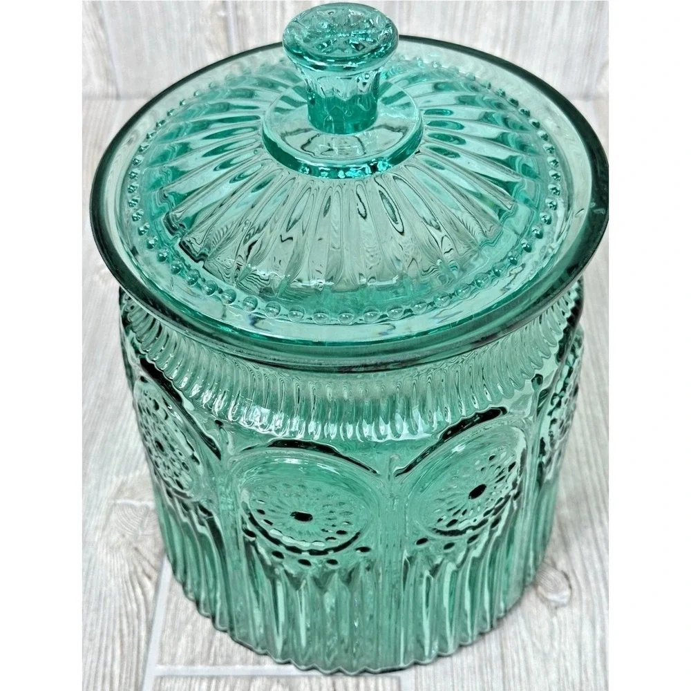 The Pioneer Woman Adeline Turquoise Pressed Glass Lidded Cookie Jar Embossed